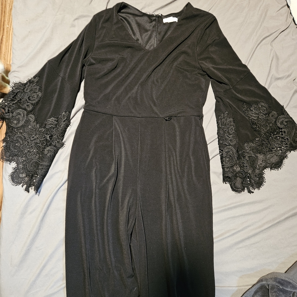 C Est 1946 Jump Suit Black Women's With Lace Flare Sleeves Belt Not Included XS